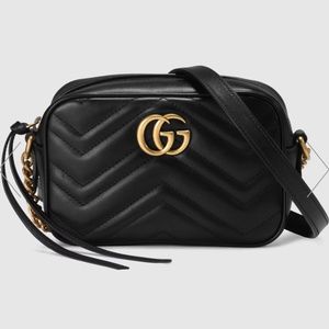 GUCCI Calfskin Matelasse Mini GG Marmont Chain Shoulder Bag Black
